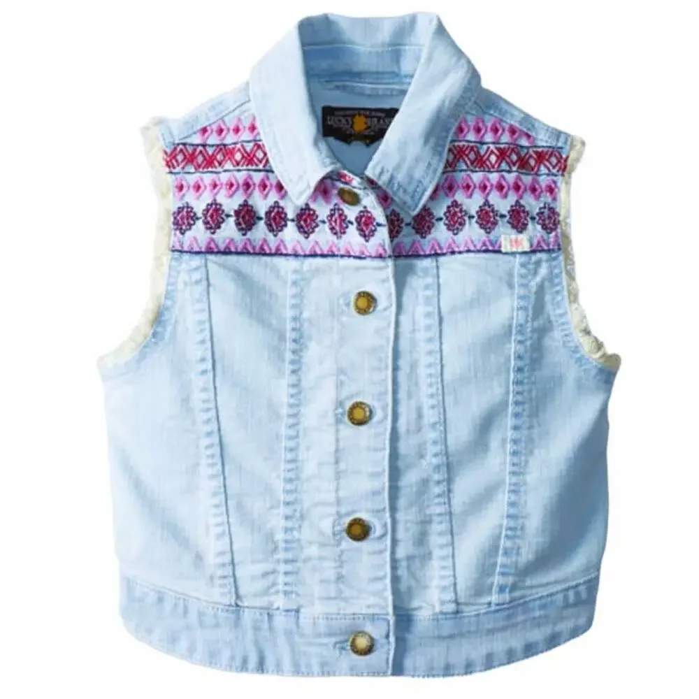LUCKY BRAND Boho Denim Blue Jean Bohemian Embroidered Vest ~ Infant Baby Girl 2T